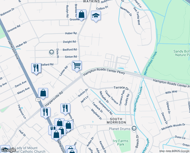 map of restaurants, bars, coffee shops, grocery stores, and more near 813 Roberto Drive in Newport News
