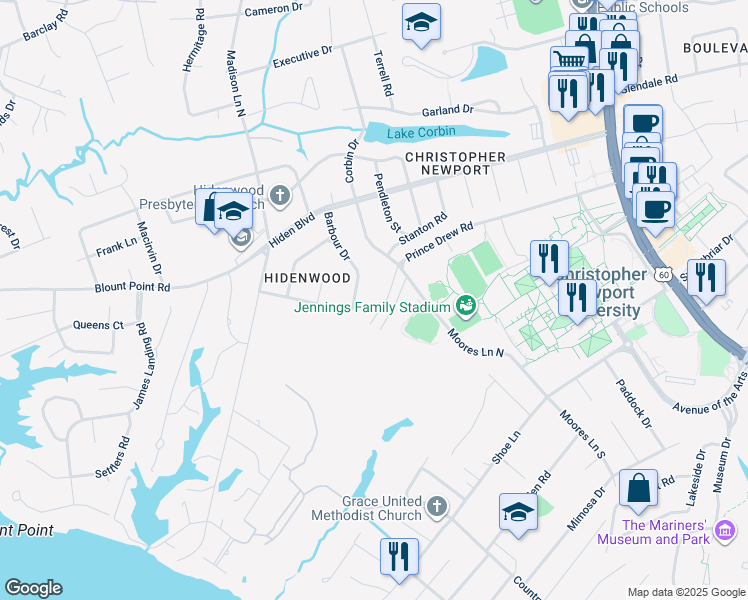 map of restaurants, bars, coffee shops, grocery stores, and more near 21 Jacobs Lane in Newport News