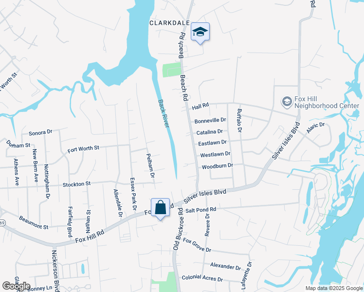 map of restaurants, bars, coffee shops, grocery stores, and more near 55 Beach Road in Hampton