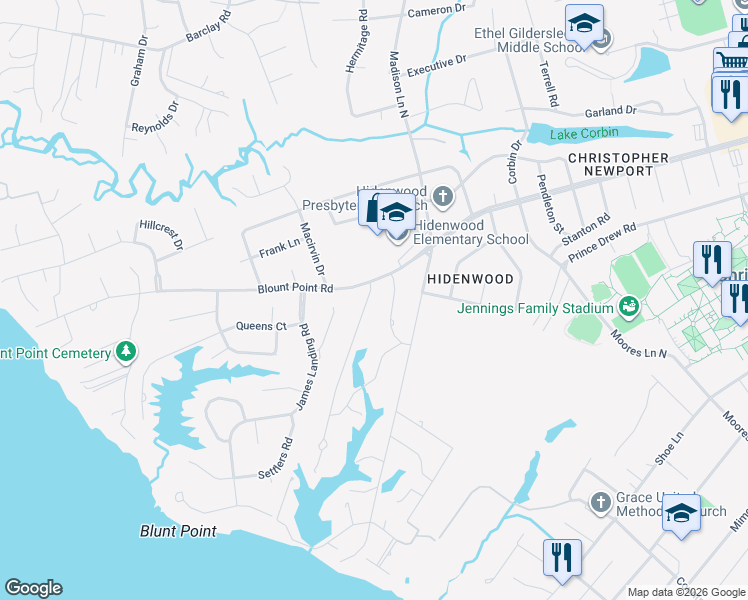 map of restaurants, bars, coffee shops, grocery stores, and more near 3 Langhorne Road in Newport News