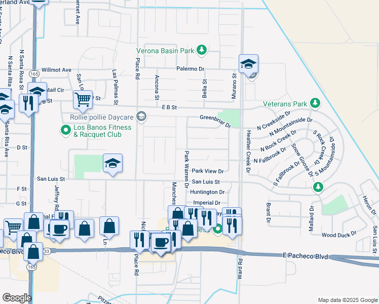 map of restaurants, bars, coffee shops, grocery stores, and more near 2115 Racquet Club Drive in Los Banos