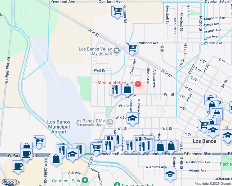 map of restaurants, bars, coffee shops, grocery stores, and more near 822 Maryland Avenue in Los Banos