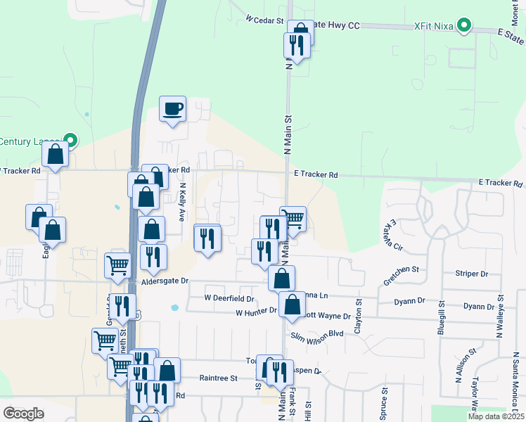 map of restaurants, bars, coffee shops, grocery stores, and more near 1213 Viola Street in Nixa