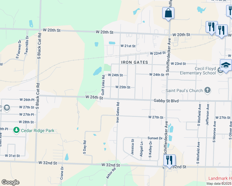 map of restaurants, bars, coffee shops, grocery stores, and more near 2510 Iron Gates Rd in Joplin