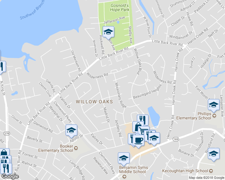 map of restaurants, bars, coffee shops, grocery stores, and more near 5 Kempers Charge in Hampton
