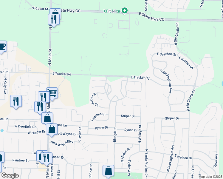 map of restaurants, bars, coffee shops, grocery stores, and more near 1394 North Sandy Creek Circle in Nixa