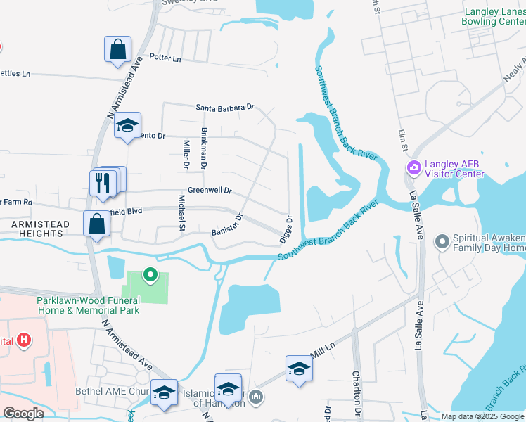 map of restaurants, bars, coffee shops, grocery stores, and more near 208 Greenwell Drive in Hampton