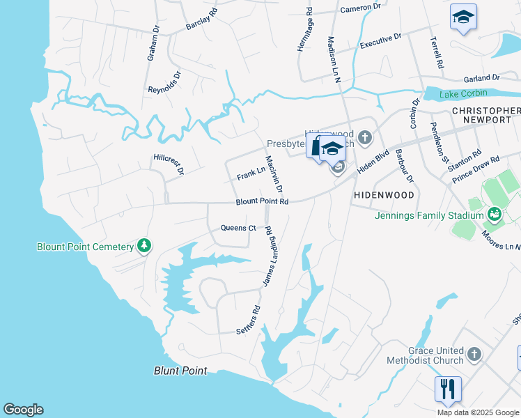 map of restaurants, bars, coffee shops, grocery stores, and more near 131 James Landing Road in Newport News