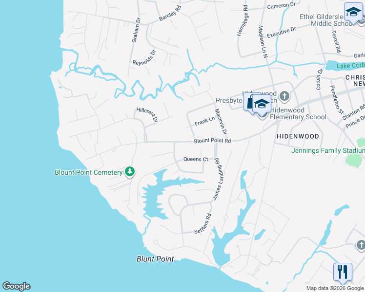 map of restaurants, bars, coffee shops, grocery stores, and more near 3 Paula Maria Drive in Newport News