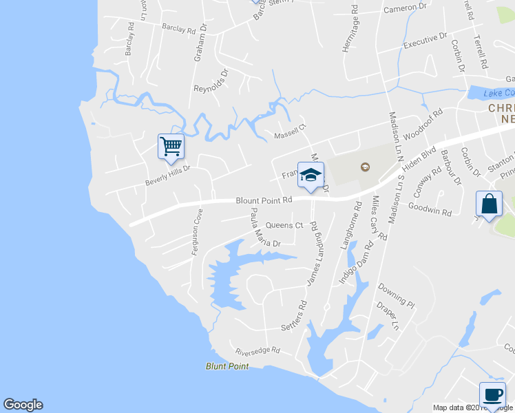 map of restaurants, bars, coffee shops, grocery stores, and more near 535 Blount Point Road in Newport News