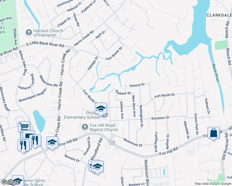 map of restaurants, bars, coffee shops, grocery stores, and more near 400 Galveston Court in Hampton