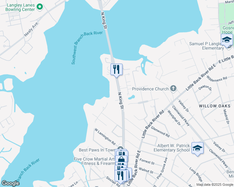 map of restaurants, bars, coffee shops, grocery stores, and more near 1579 North King Street in Hampton