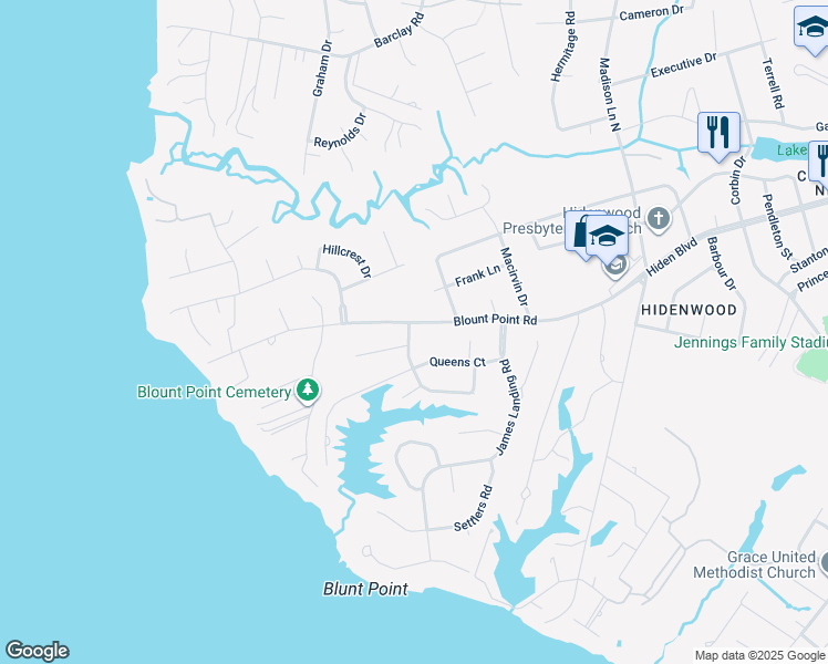 map of restaurants, bars, coffee shops, grocery stores, and more near 535 Blount Point Road in Newport News