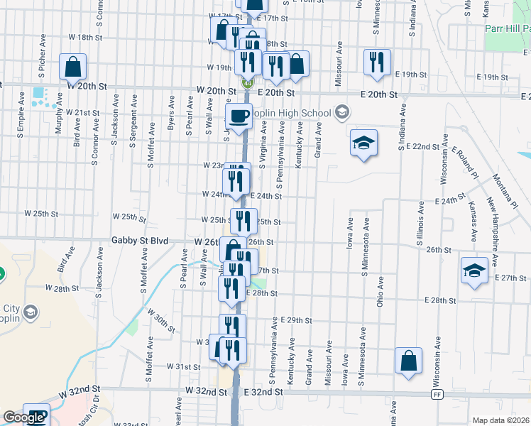 map of restaurants, bars, coffee shops, grocery stores, and more near 2400-2498 South Virginia Avenue in Joplin