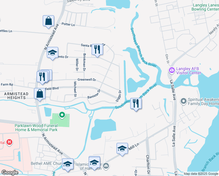 map of restaurants, bars, coffee shops, grocery stores, and more near 208 Greenwell Drive in Hampton