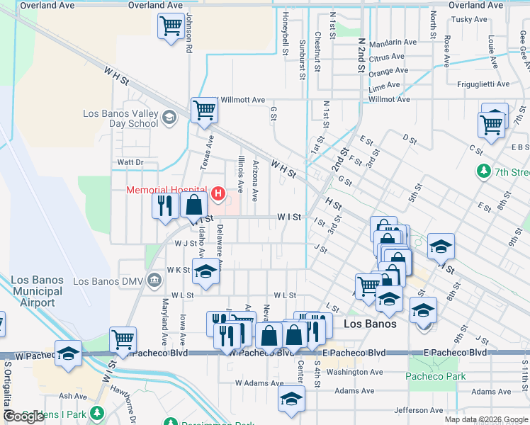 map of restaurants, bars, coffee shops, grocery stores, and more near 222 West I Street in Los Banos