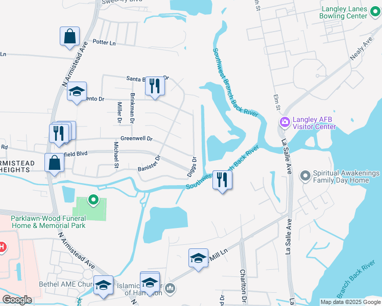 map of restaurants, bars, coffee shops, grocery stores, and more near 109 Diggs Drive in Hampton