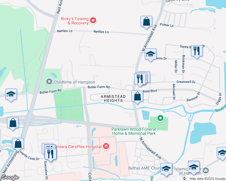 map of restaurants, bars, coffee shops, grocery stores, and more near 11 Butler Farm Road in Hampton