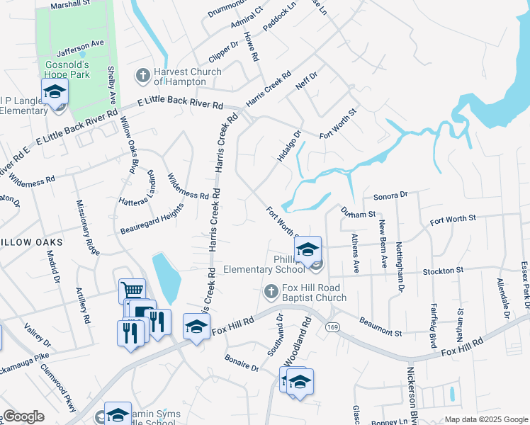map of restaurants, bars, coffee shops, grocery stores, and more near 208 Fort Worth Street in Hampton