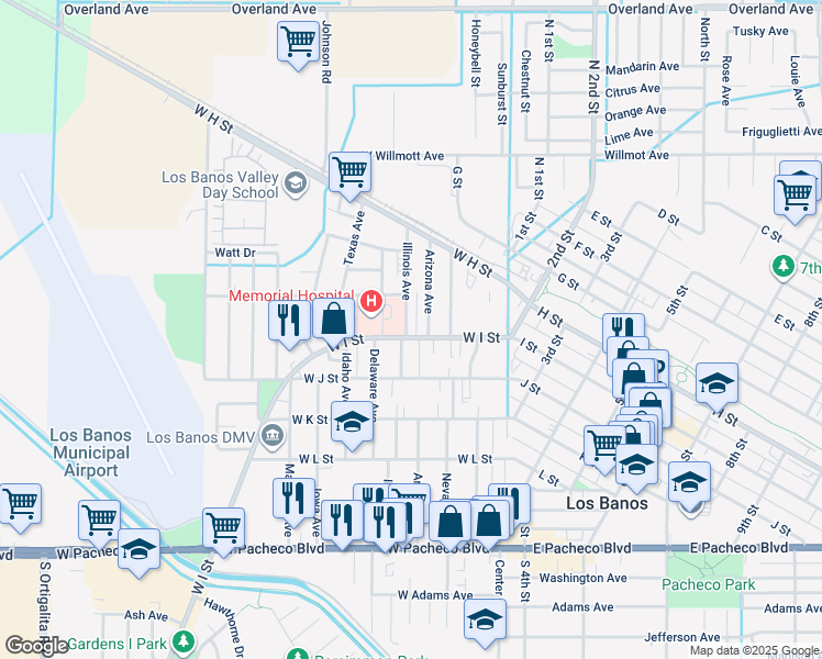 map of restaurants, bars, coffee shops, grocery stores, and more near 356 West I Street in Los Banos