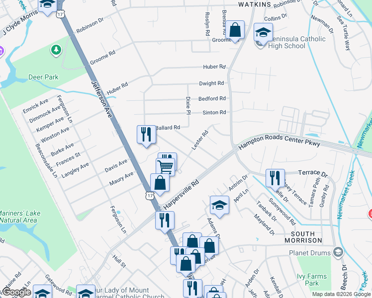 map of restaurants, bars, coffee shops, grocery stores, and more near 119 Woods Road in Newport News