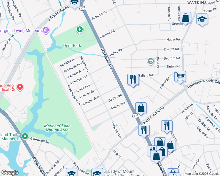 map of restaurants, bars, coffee shops, grocery stores, and more near 37 Langley Avenue in Newport News