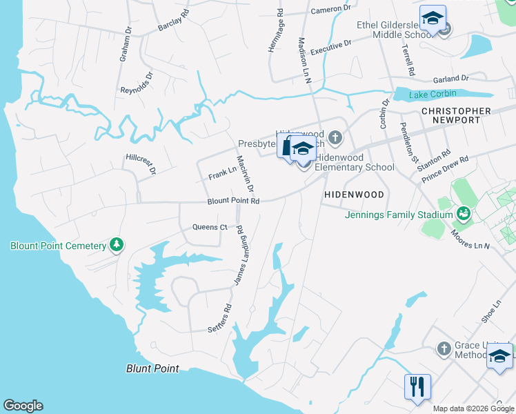 map of restaurants, bars, coffee shops, grocery stores, and more near 137 Stage Road in Newport News