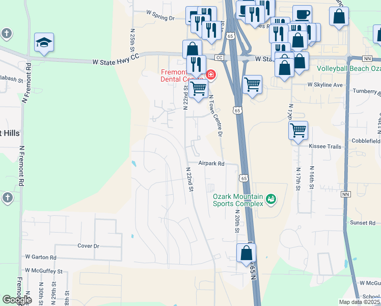 map of restaurants, bars, coffee shops, grocery stores, and more near 5000 North 22nd Street in Ozark