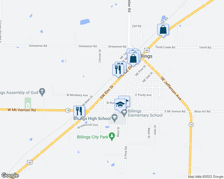 map of restaurants, bars, coffee shops, grocery stores, and more near 169 Highway 60 in Billings
