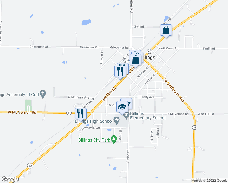 map of restaurants, bars, coffee shops, grocery stores, and more near 169 Southwest Elm Street in Billings