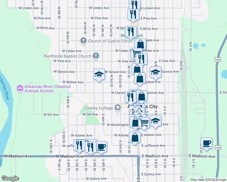 map of restaurants, bars, coffee shops, grocery stores, and more near 320 West Chestnut Avenue in Arkansas City
