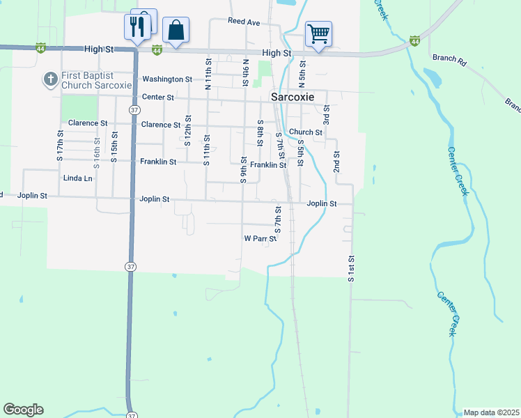map of restaurants, bars, coffee shops, grocery stores, and more near 804 Joplin Street in Sarcoxie