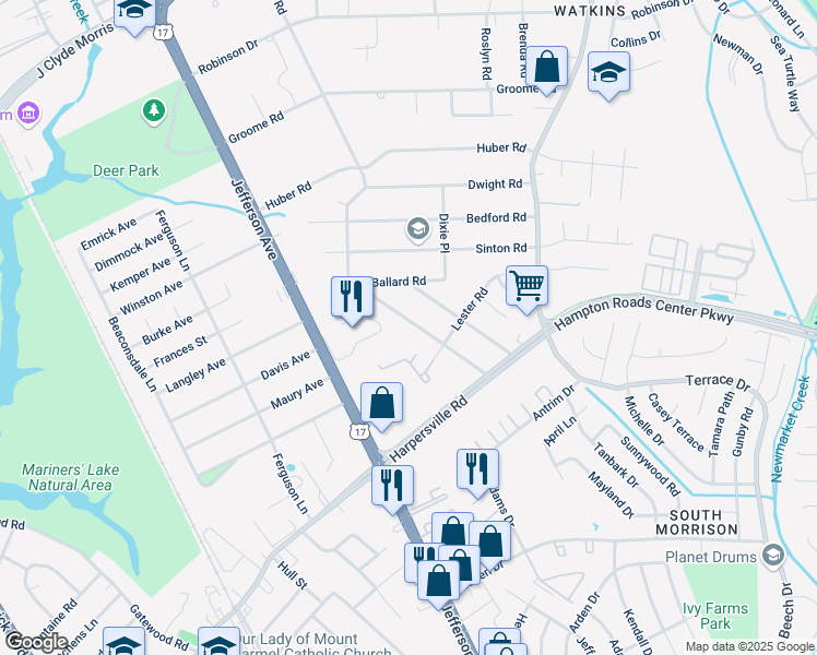 map of restaurants, bars, coffee shops, grocery stores, and more near 125 Woods Road in Newport News