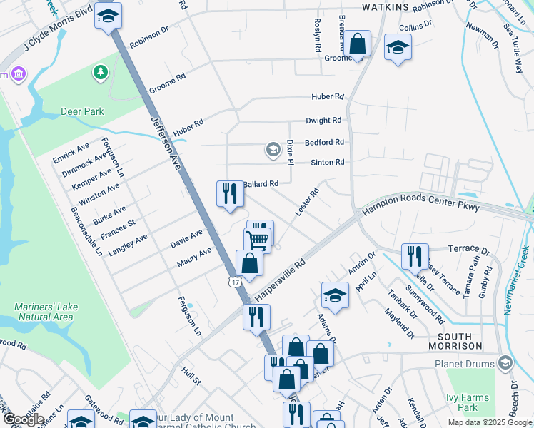 map of restaurants, bars, coffee shops, grocery stores, and more near 125 Woods Road in Newport News