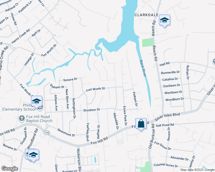 map of restaurants, bars, coffee shops, grocery stores, and more near 503 Fort Worth Street in Hampton