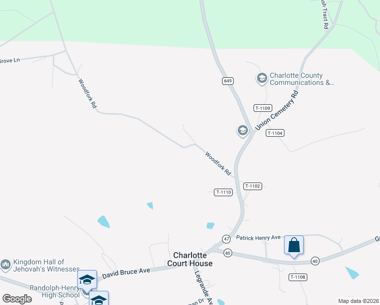 map of restaurants, bars, coffee shops, grocery stores, and more near Woodfork Road in Charlotte Court House