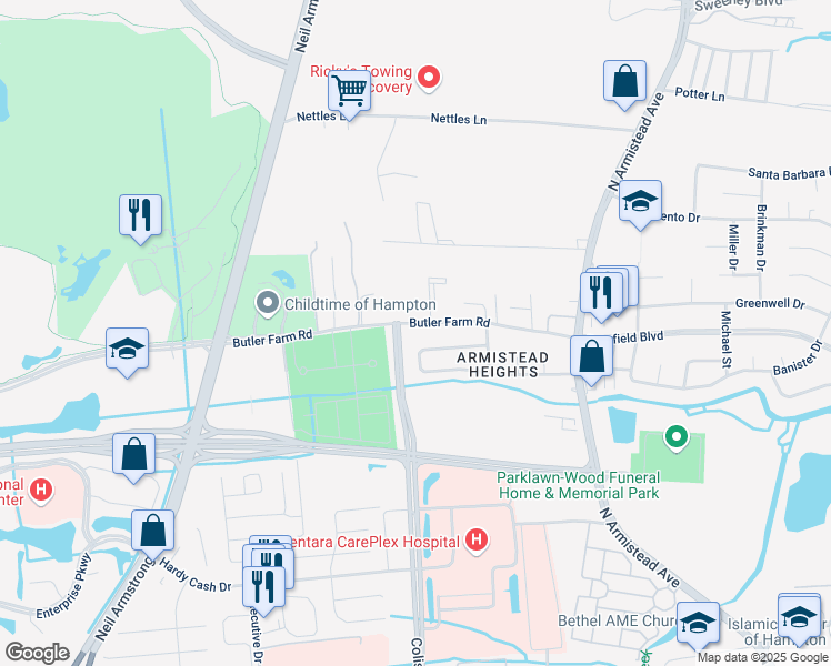 map of restaurants, bars, coffee shops, grocery stores, and more near 45 Butler Farm Road in Hampton