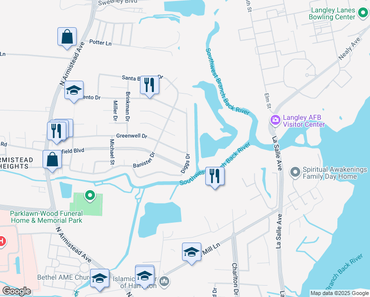 map of restaurants, bars, coffee shops, grocery stores, and more near 109 Diggs Drive in Hampton