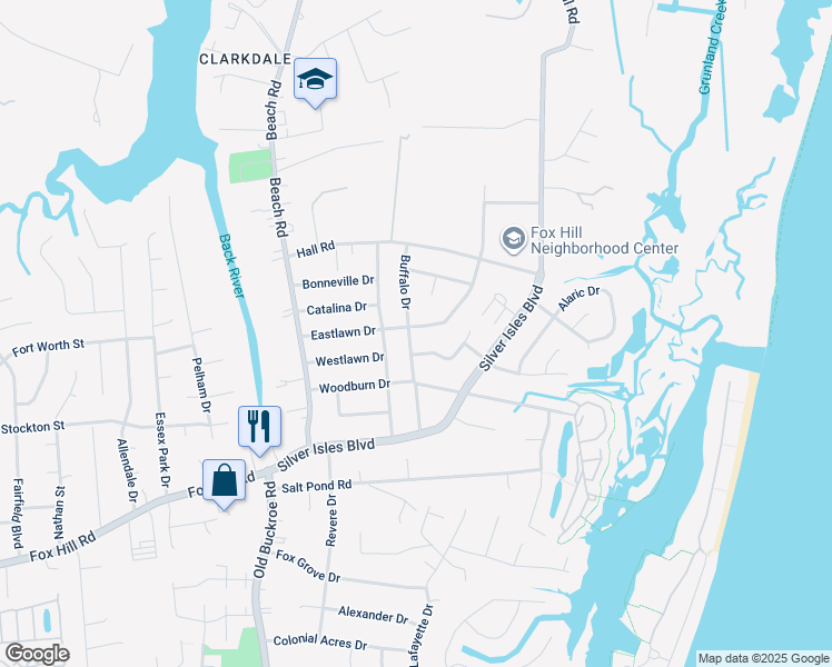 map of restaurants, bars, coffee shops, grocery stores, and more near 100 Eastlawn Drive in Hampton