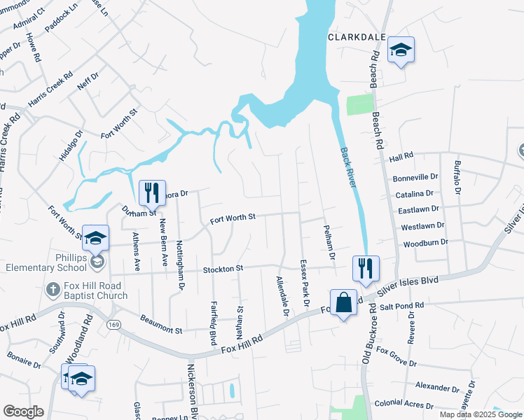 map of restaurants, bars, coffee shops, grocery stores, and more near 503 Fort Worth Street in Hampton