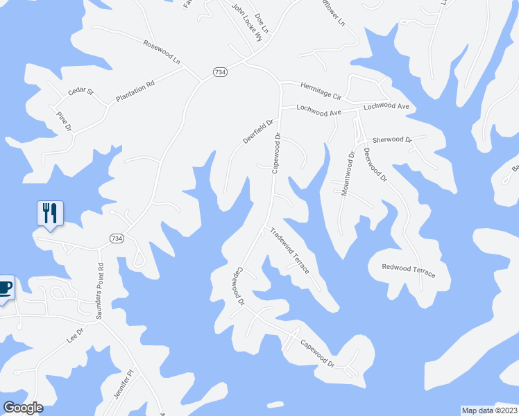 map of restaurants, bars, coffee shops, grocery stores, and more near 1575 Capewood Drive in Huddleston