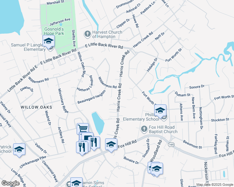 map of restaurants, bars, coffee shops, grocery stores, and more near 57 Harris Creek Road in Hampton