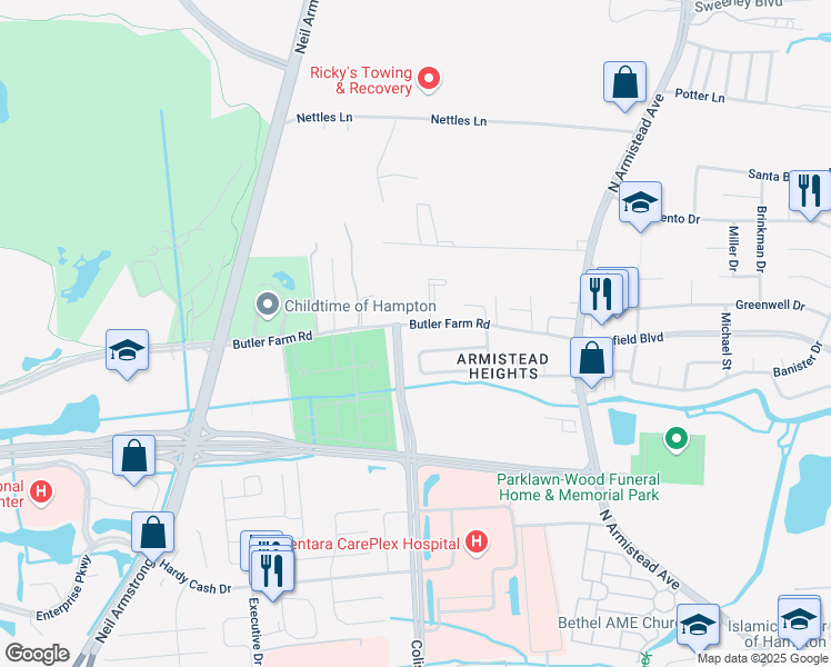 map of restaurants, bars, coffee shops, grocery stores, and more near 45 Butler Farm Road in Hampton