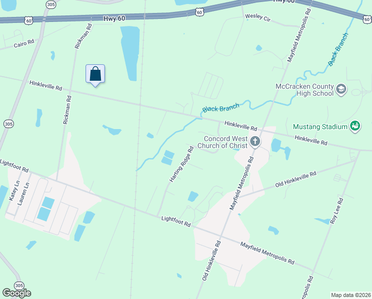 map of restaurants, bars, coffee shops, grocery stores, and more near 195 Harting Ridge Road in West Paducah