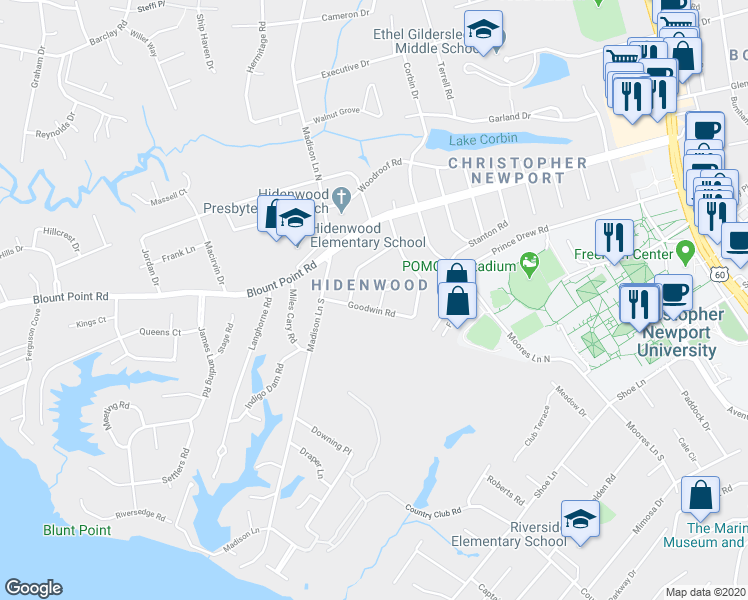 map of restaurants, bars, coffee shops, grocery stores, and more near 1 Wallace Circle in Newport News