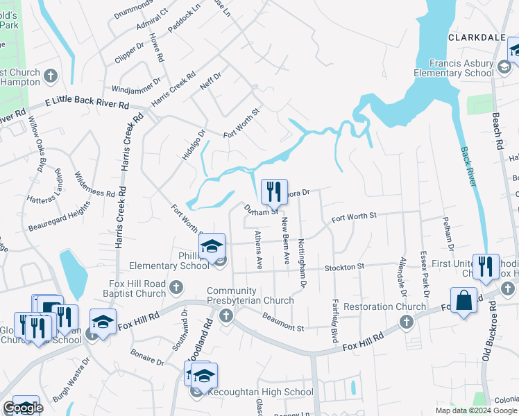 map of restaurants, bars, coffee shops, grocery stores, and more near 400 Galveston Court in Hampton