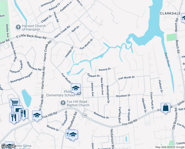 map of restaurants, bars, coffee shops, grocery stores, and more near 400 Galveston Court in Hampton