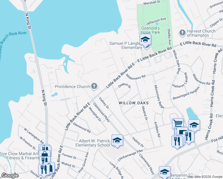 map of restaurants, bars, coffee shops, grocery stores, and more near 8 Margaret Drive in Hampton