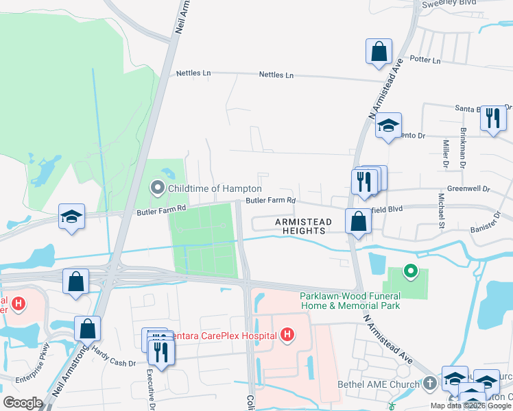 map of restaurants, bars, coffee shops, grocery stores, and more near 73 Rendon Drive in Hampton