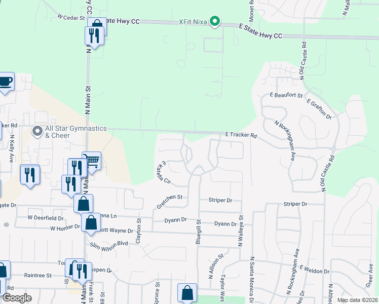 map of restaurants, bars, coffee shops, grocery stores, and more near 1394 North Sandy Creek Circle in Nixa